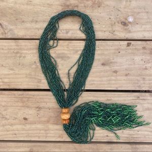 Vintage Necklace Emerald Tone Green Beaded Long Necklace Retro